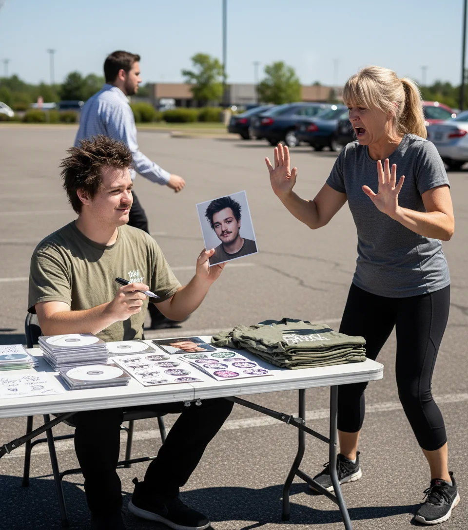 Tavy Wavy offering an autograph at a folding table while a passing pedestrian recoils with hands up in refusal.