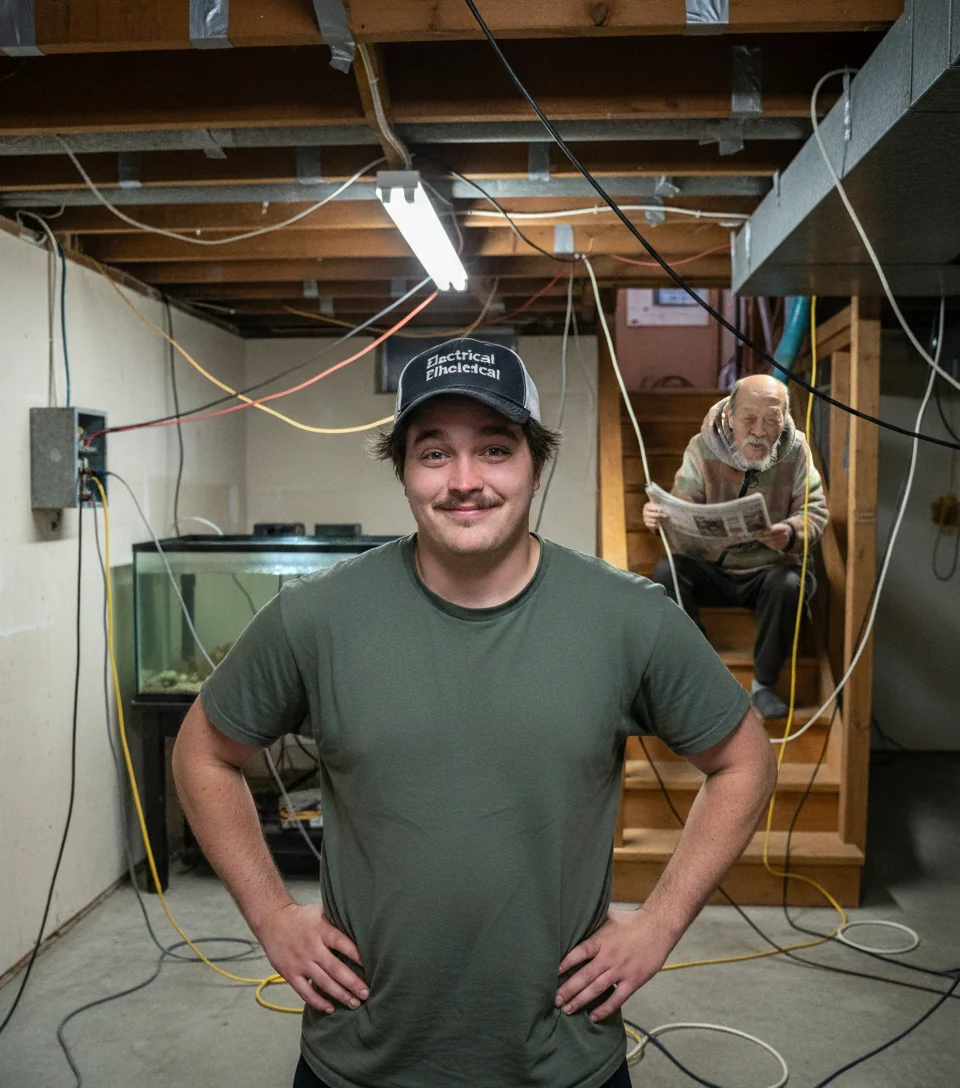 A finished basement strung with electrical wires held up by duct tape, one wire going into a fish tank, while an old man calmly reads a newspaper on the stairs.