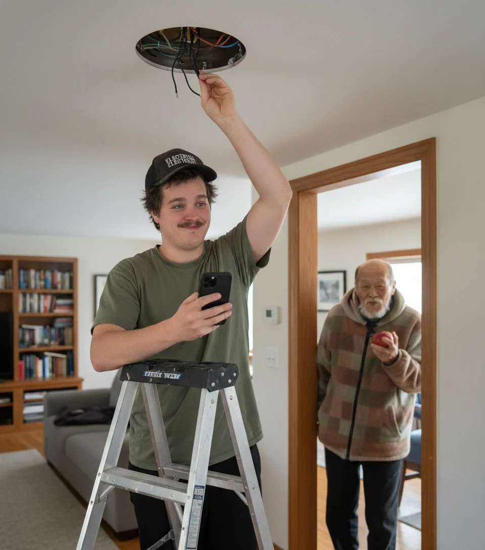 Tavy Wavy on a stepladder doing ceiling-fan installation with bare hands, sparks visible, while an old man watches calmly from the doorway.