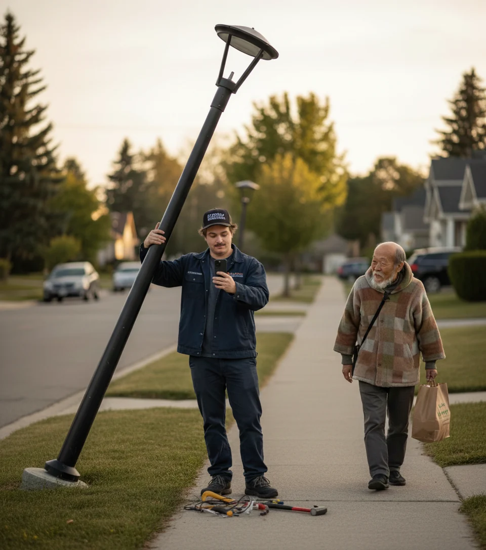 Tavy Wavy posing with a suburban lamppost that he has just installed leaning at a 30-degree angle, with an old man walking past with grocery bags.