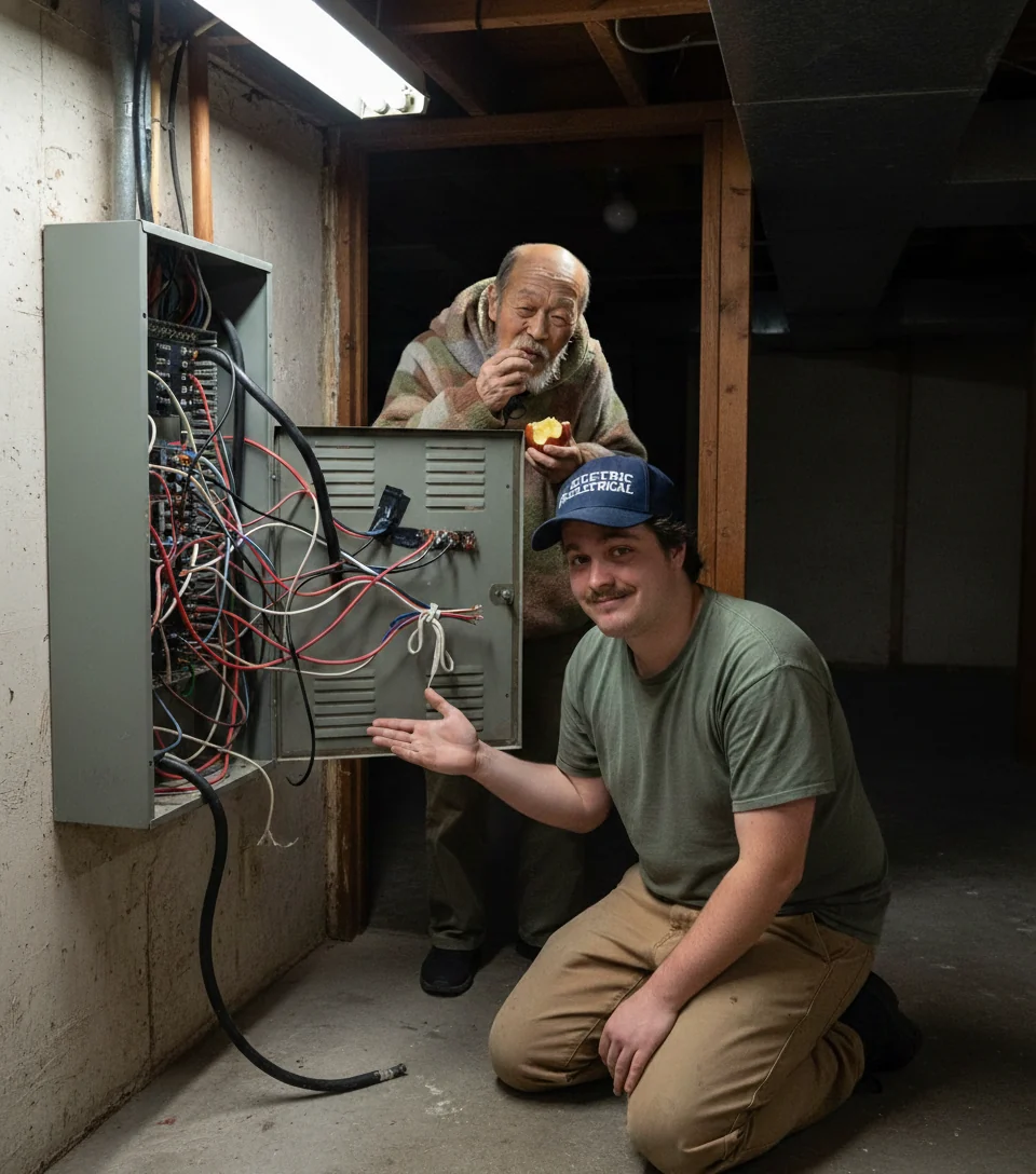 Tavy Wavy kneeling in front of a residential electrical panel that is a disaster of mismatched wires, while an elderly man watches calmly from the doorway.
