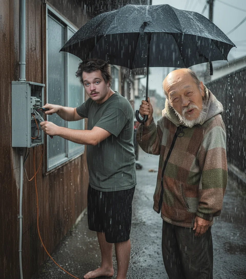 Tavy Wavy doing outdoor electrical work on an exterior fuse box in heavy rain, with an old man holding an umbrella over his head.