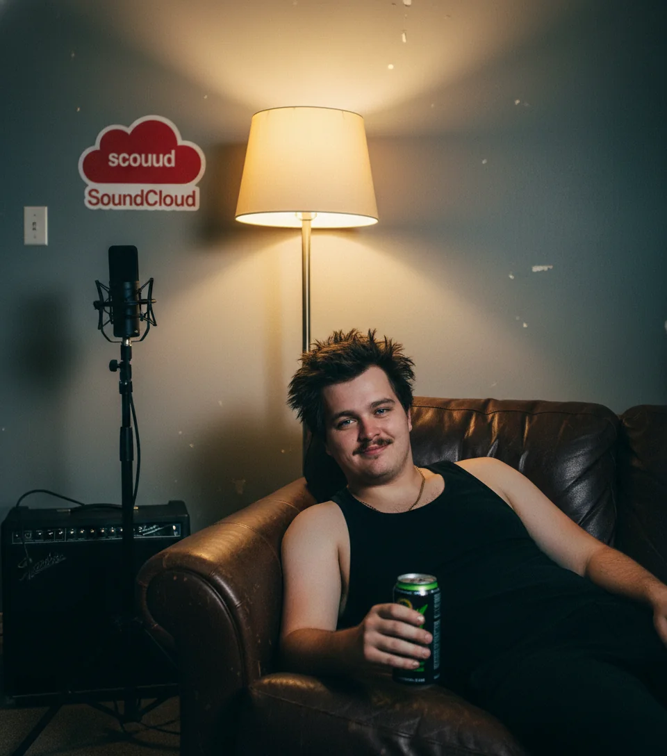 Tavy Wavy on a worn leather couch in his studio apartment at 2am, holding a green energy drink.