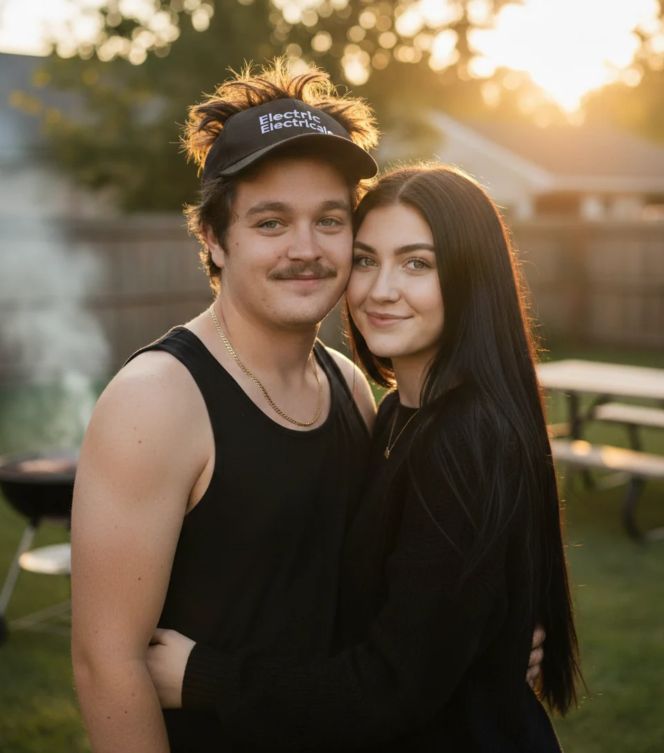 Tavy Wavy and his girlfriend Josie at a backyard barbecue at golden hour, arms around each other.