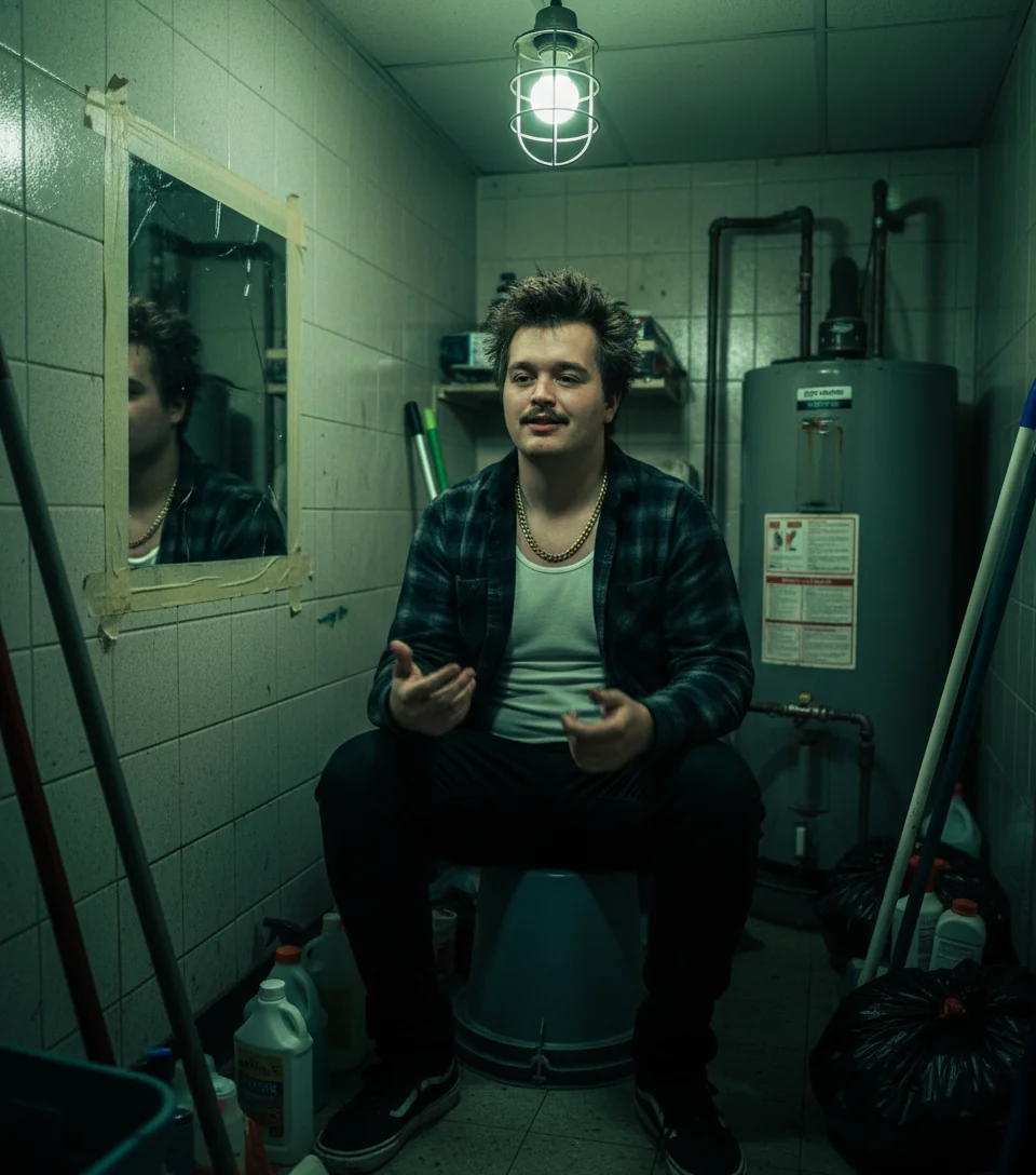 Tavy Wavy alone in a janitorial-closet 'green room' rehearsing in front of a cracked mirror.