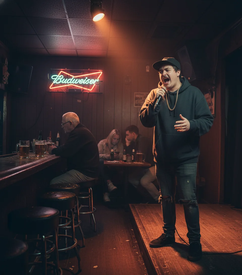 Tavy Wavy on stage at a near-empty dive bar with patrons facing away from the stage.
