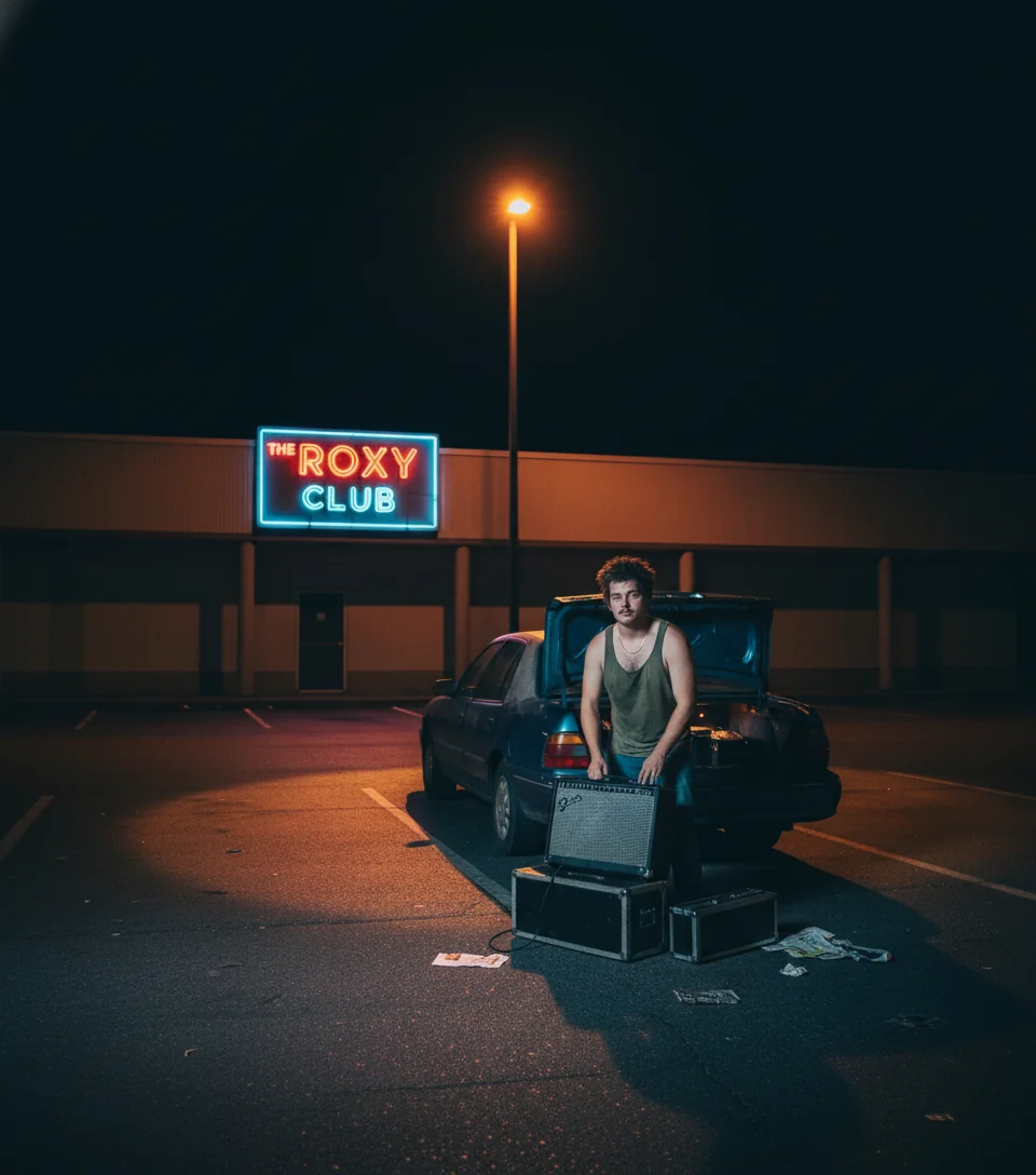 Tavy Wavy loading his own gear into a beat-up car alone at 3am in a strip-mall parking lot.